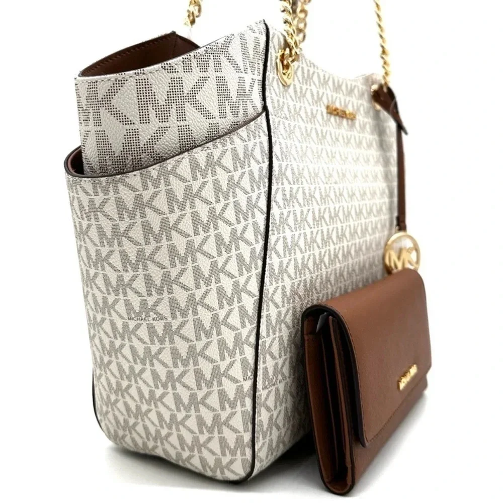 Michael Kors Large Jet Set Travel Chain Shoulder Bag & Trifold Wallet Vanilla - Picture 4 of 14